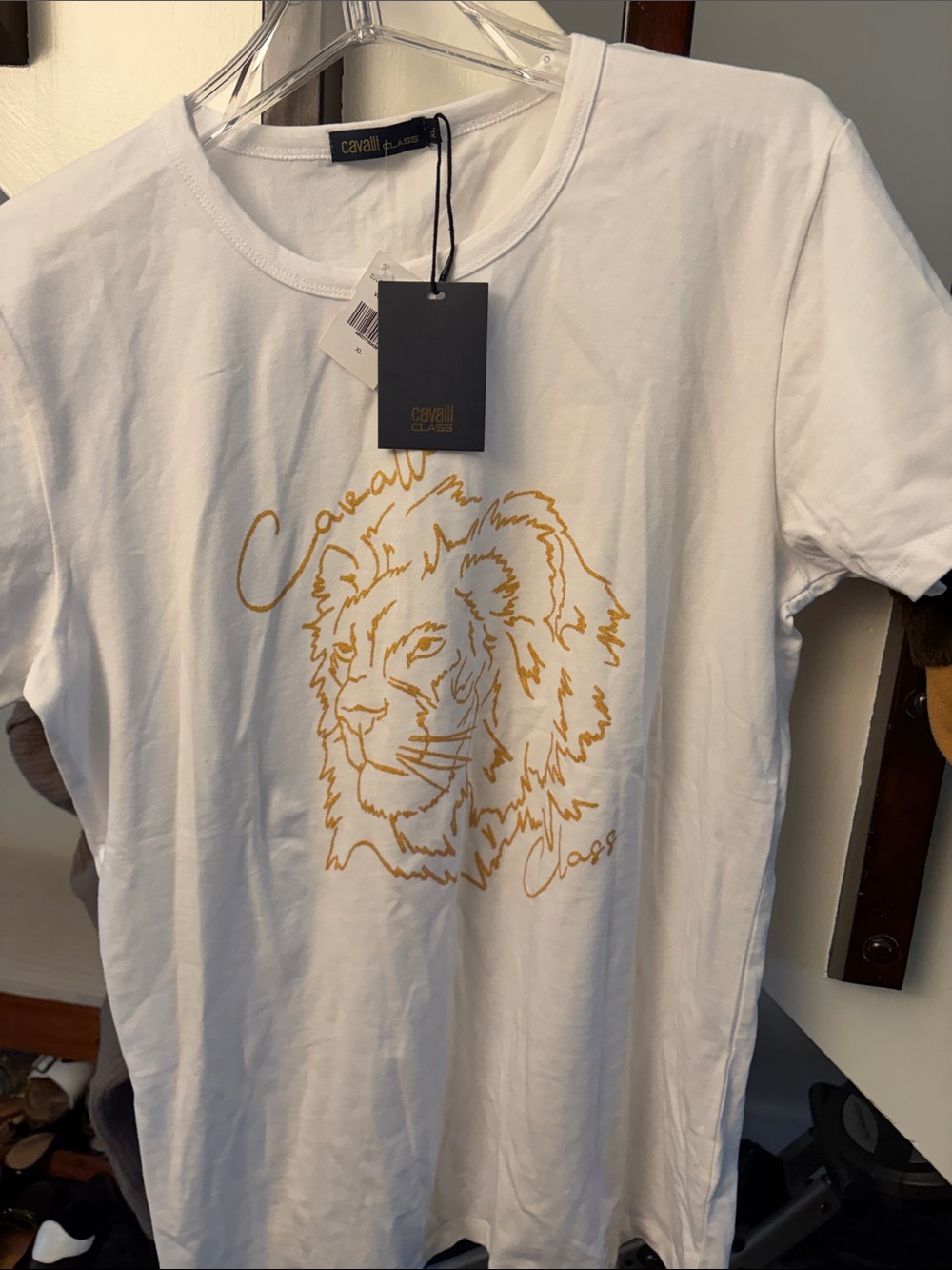 Cavalli Class White Tee with Gold Lion Outline NWT